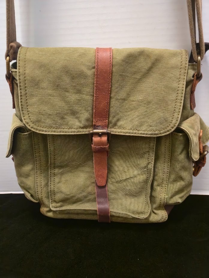 Vintage Military Style Olive Green Canvas Messenger Bag Crossbody Brown Leather