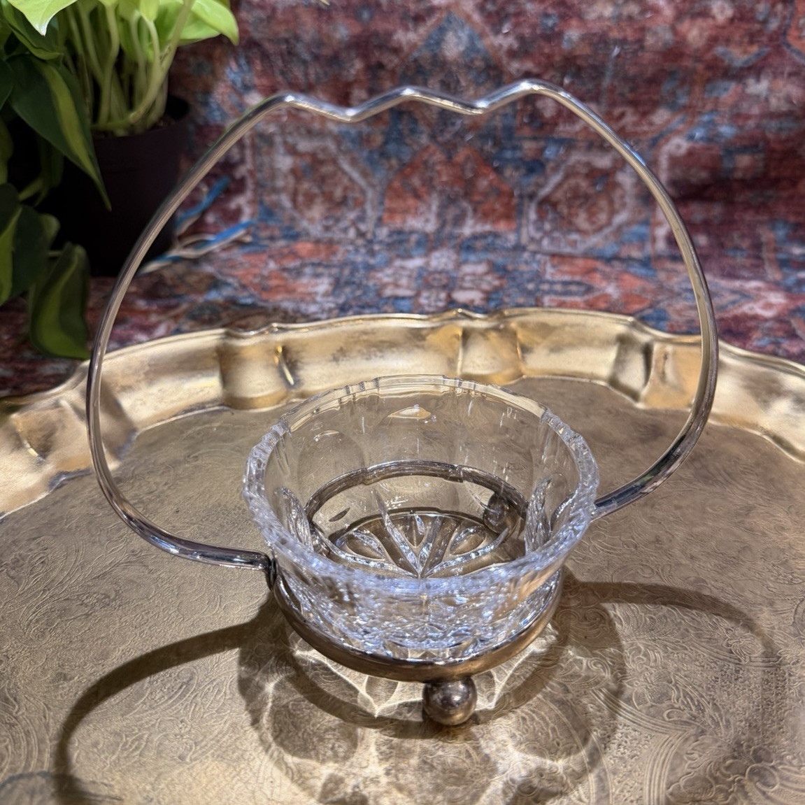 Clear Glass Bowl w/ Silver Metal Handle | Handled Serving Bowl