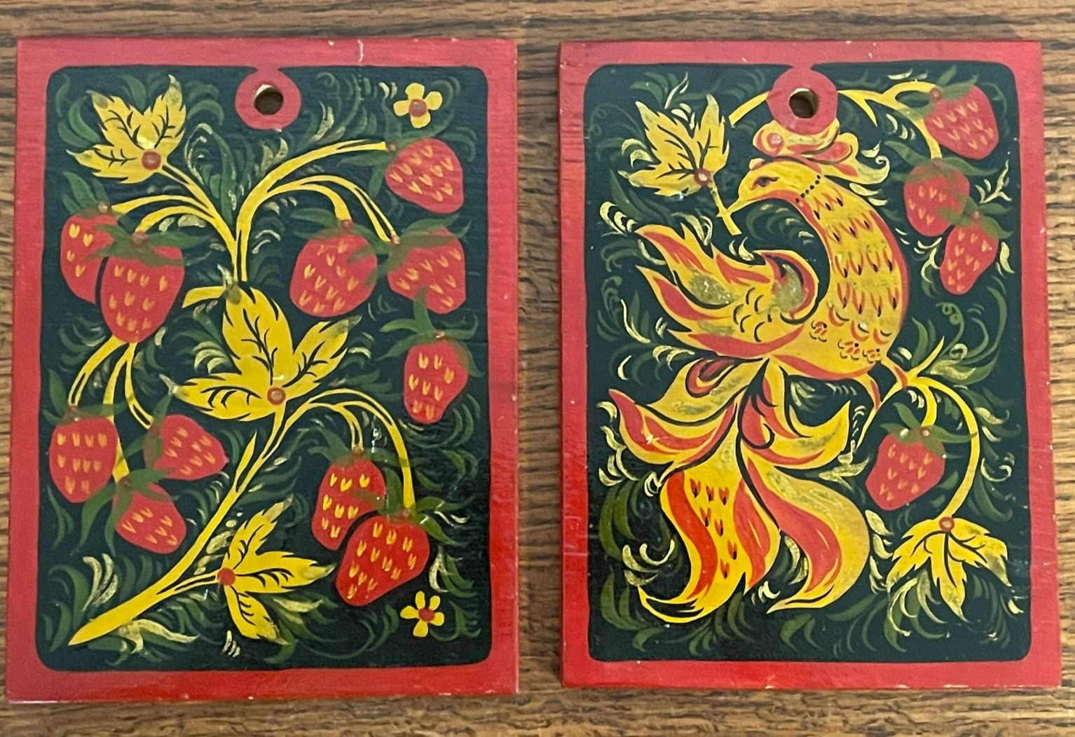 Pair Vintage Russian Khokhloma Folk Art Wood Wall Plaques Strawberry Firebird