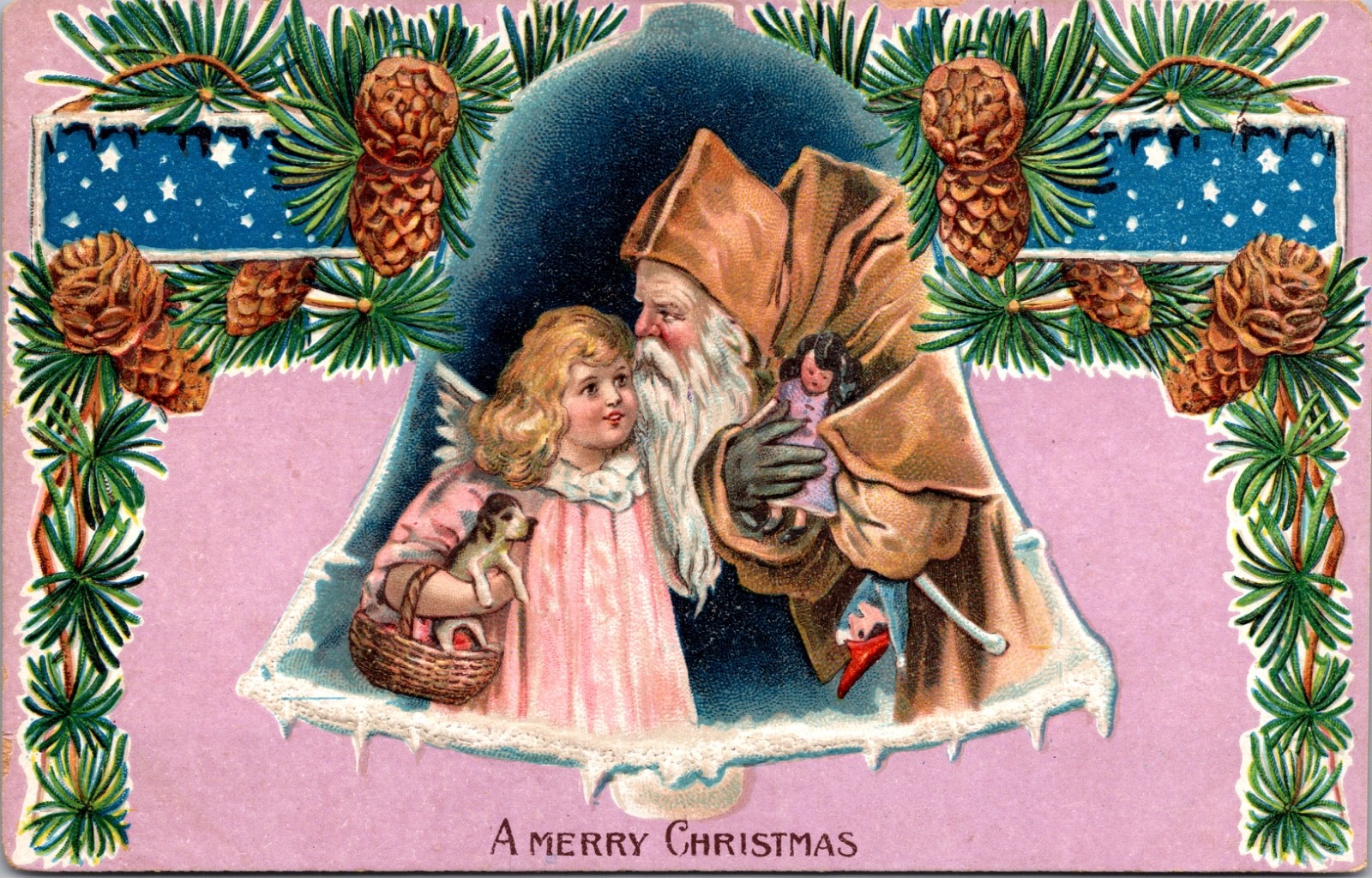 Antique 1910s Brown Suited Santa Claus & Angel Girl Embossed Postcard