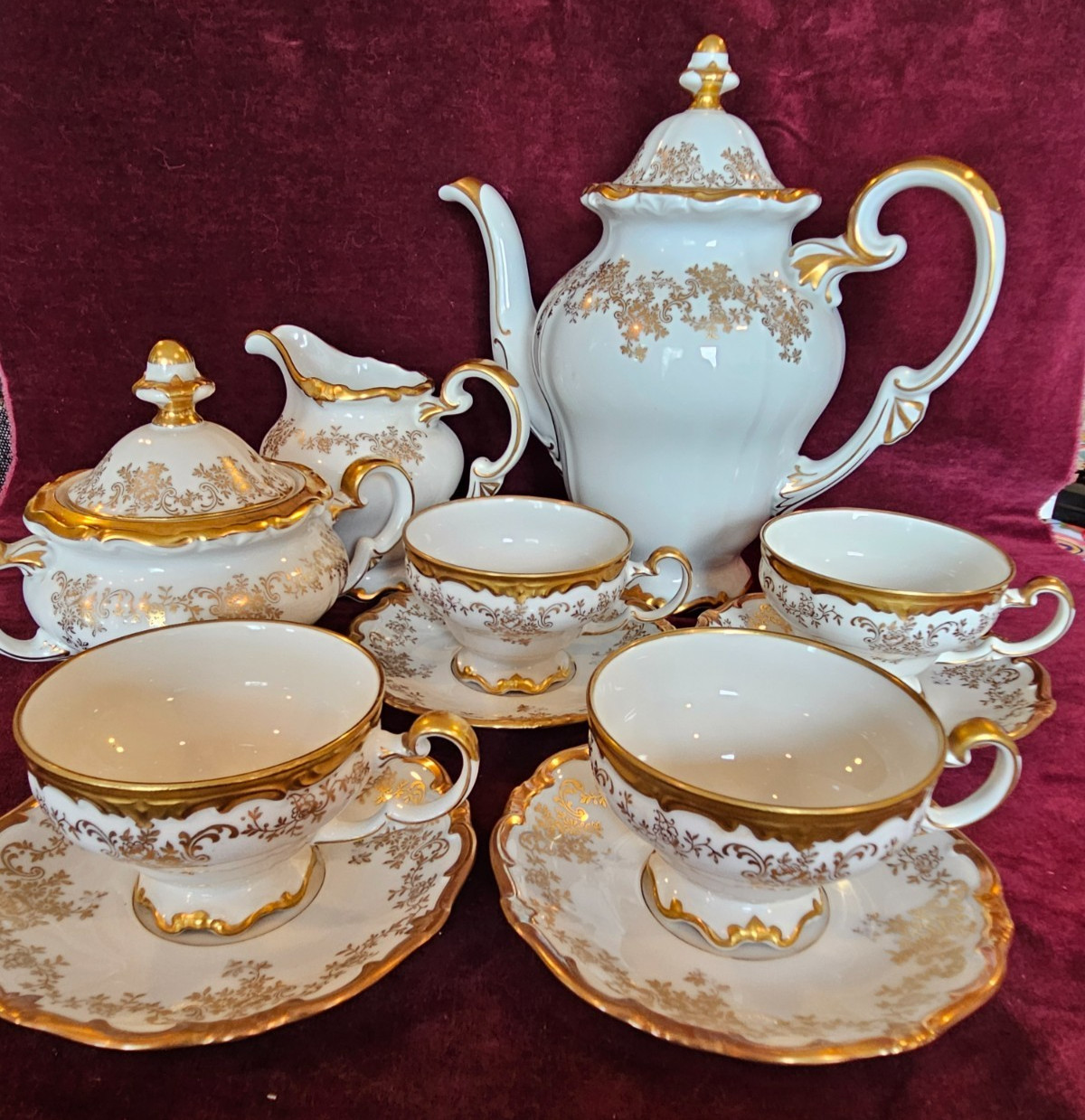 Weimar Germany 13-Piece Tea Set KATHARINA #14051 Heavy Gold Teapot Cups Saucers