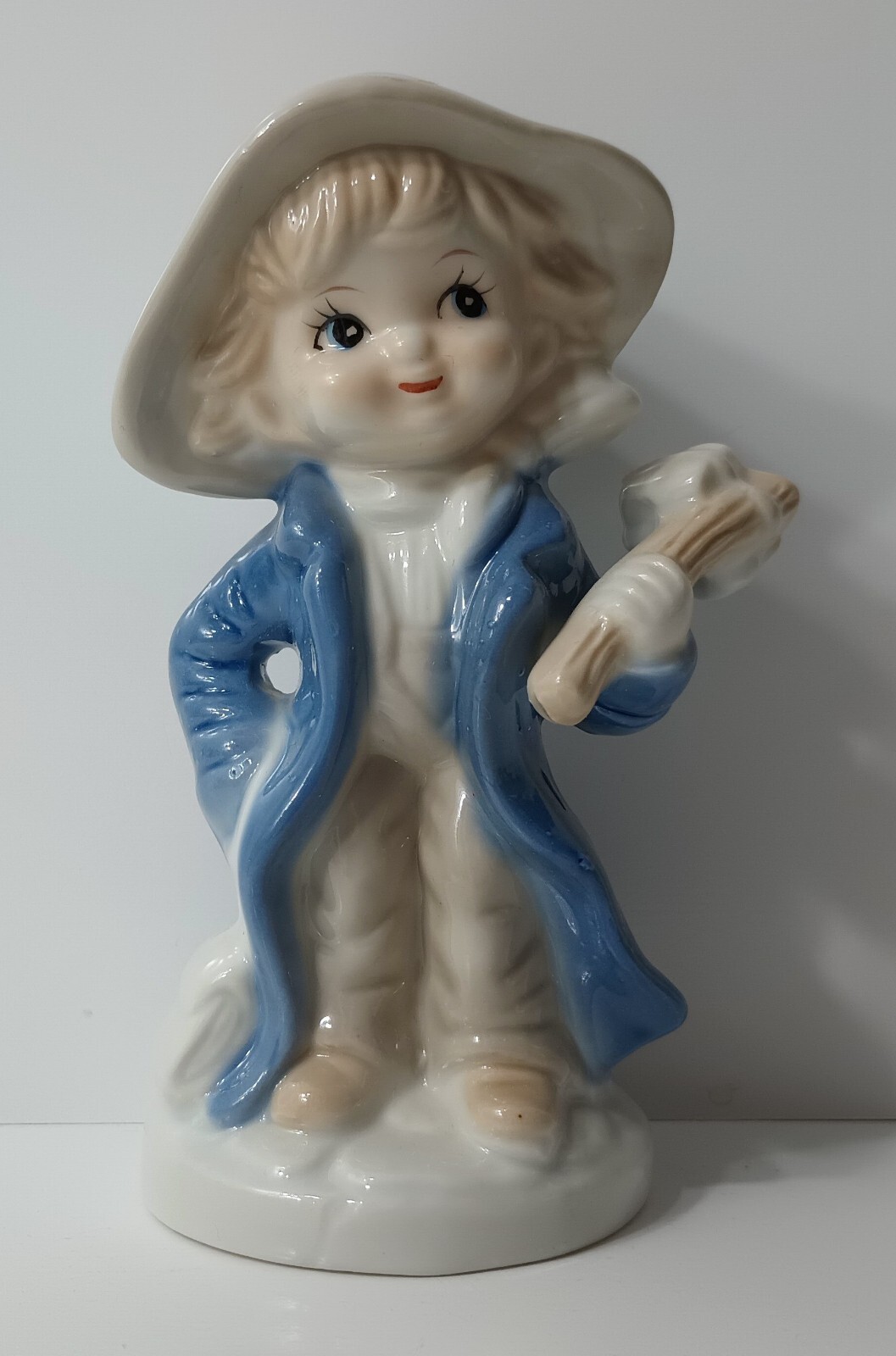 Vintage Aldon Child Figurine Boy Hat Stick Books Blue Sticker Porcelain