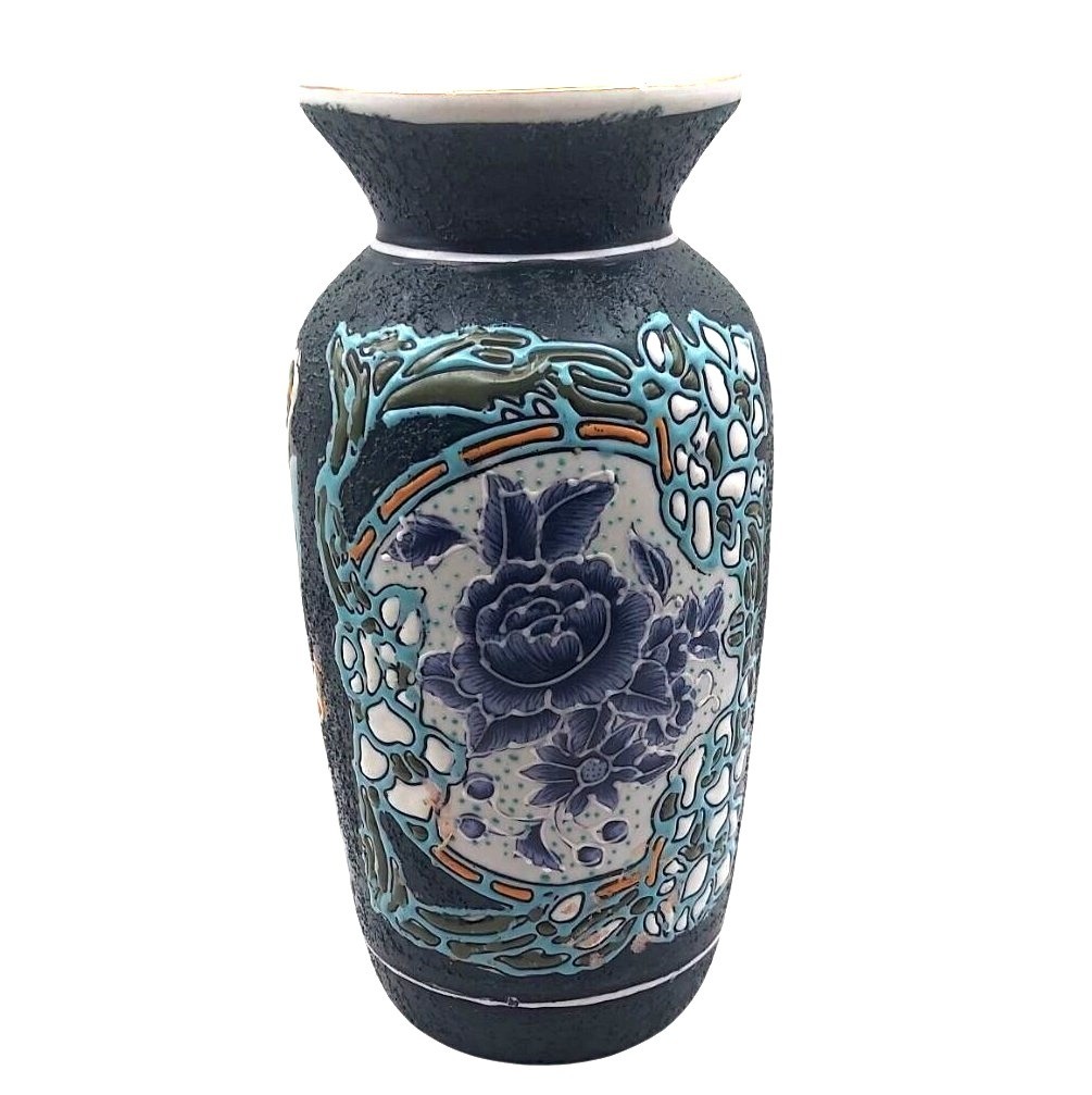 Sukhothai Floral Textured Vase Hand Painted Porcelain Oriental Flared Top Vtg