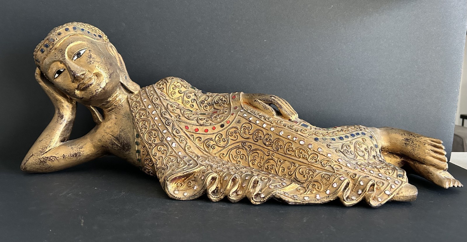 Vintage Large Hand Carved Wood Gold Gilt Reclining Buddha Statue