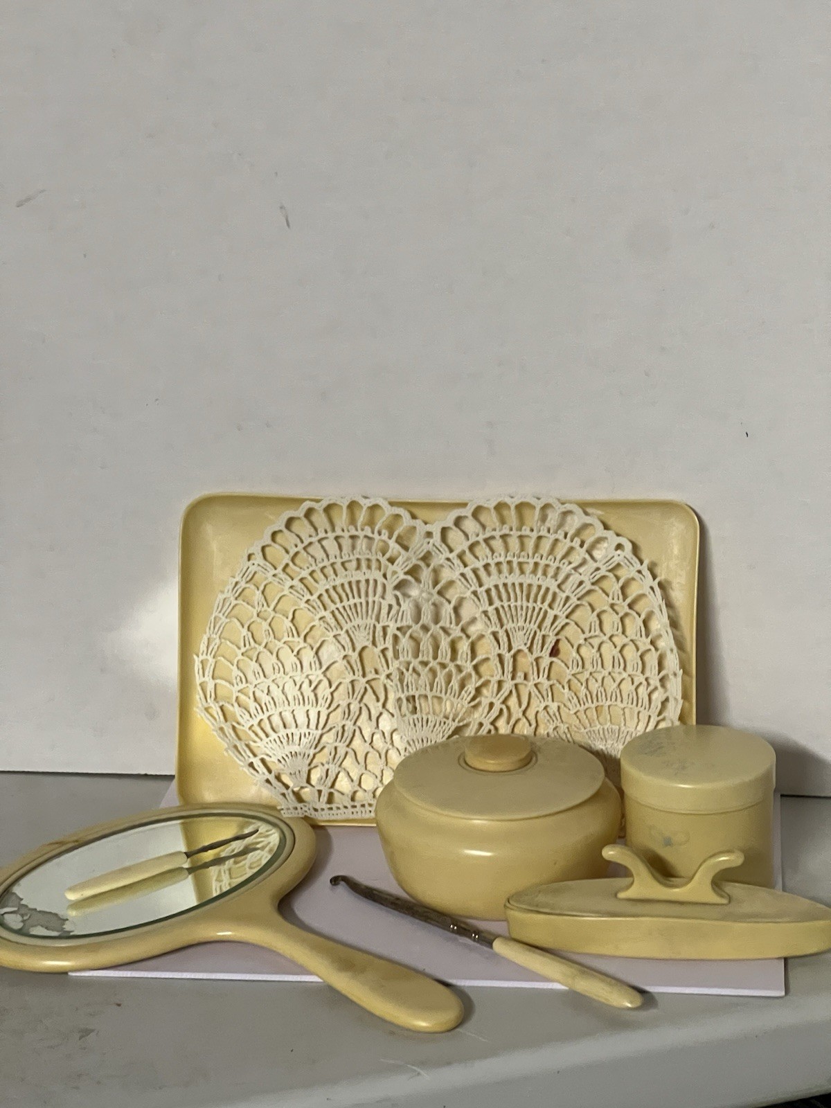 Vintage French Ivory Celluloid Vanity Lot 7 Pc Mirror Tray Jars Tools.  BMS15