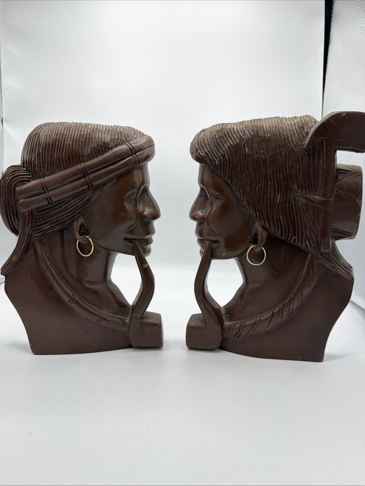 Vintage Hand Carved Wooden Wall Plaque Pair Tribal Profile Reliefs Mid-Century