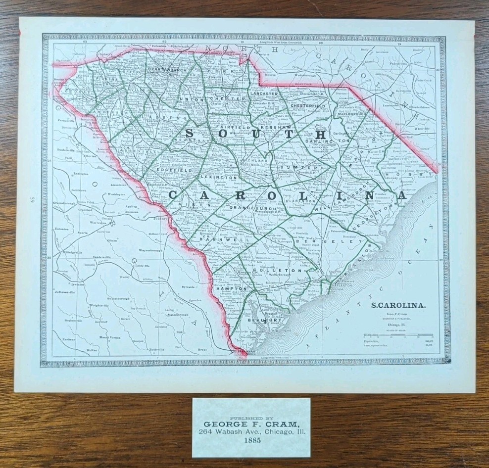 Vintage 1885 SOUTH CAROLINA Map 13