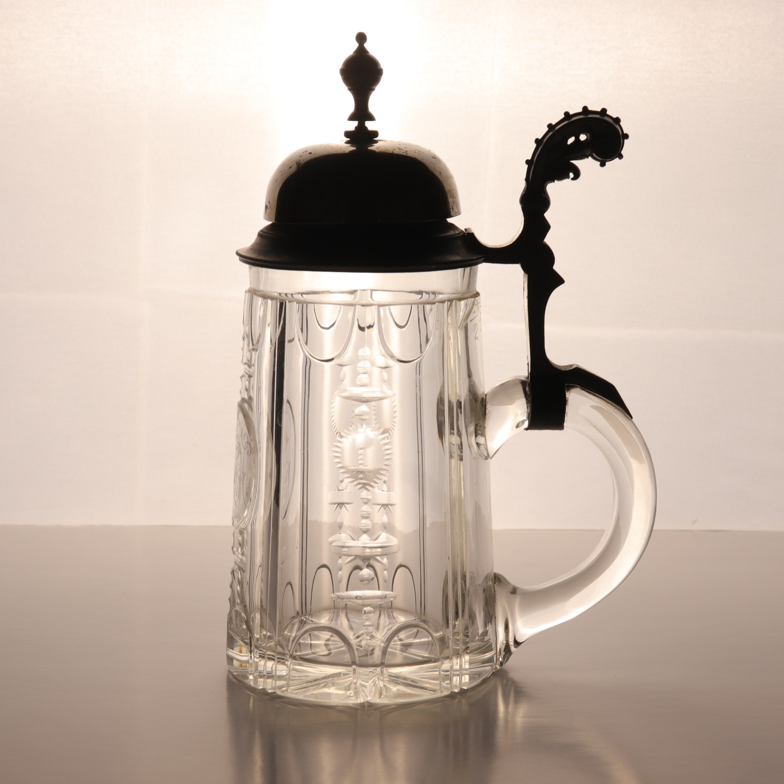Antique c1900 Pressed Glass Beer Stein Pewter Lid Monogram FJ 8.25in
