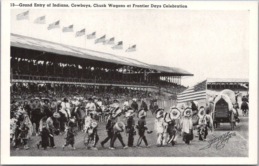c1940s STRYKER\'S FAMOUS COWBOY Postcard Cheyenne FRONTIER DAYS RODEO Grand Entry