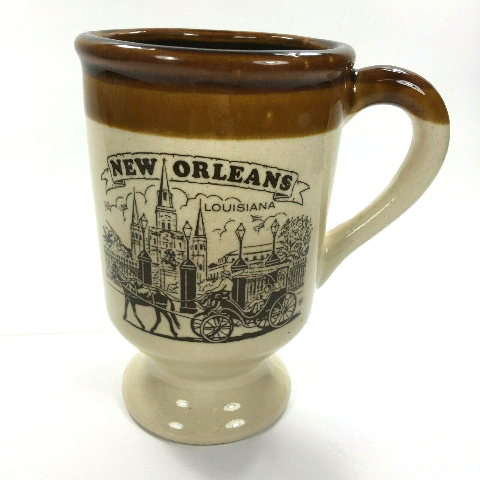 Vintage New Orleans Mug Cup Souvenir Street Scene Pedestal Tan Brown Glaze Rim