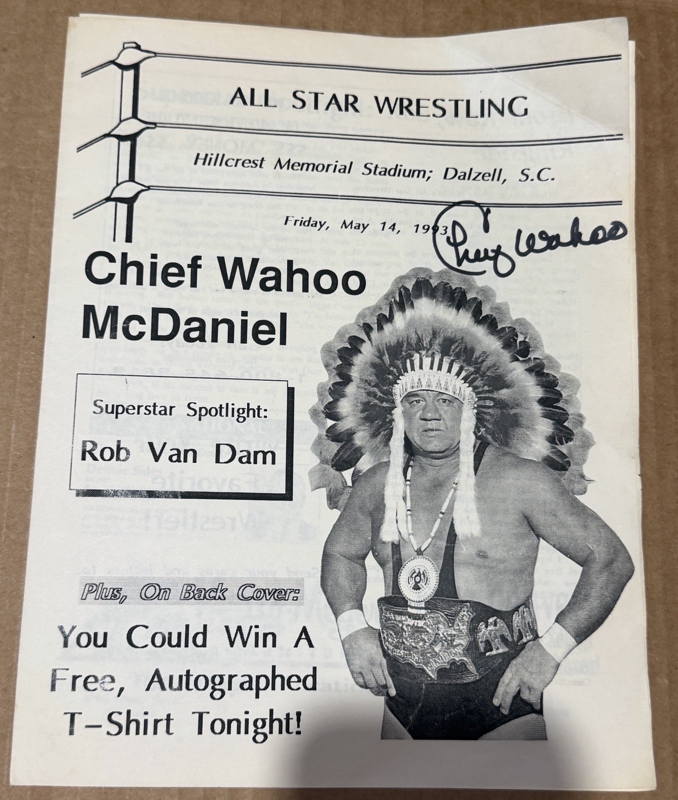 Vintage Chief Wahoo McDaniel signed Wrestling Program w/Tommy Gunn & Scott Studd