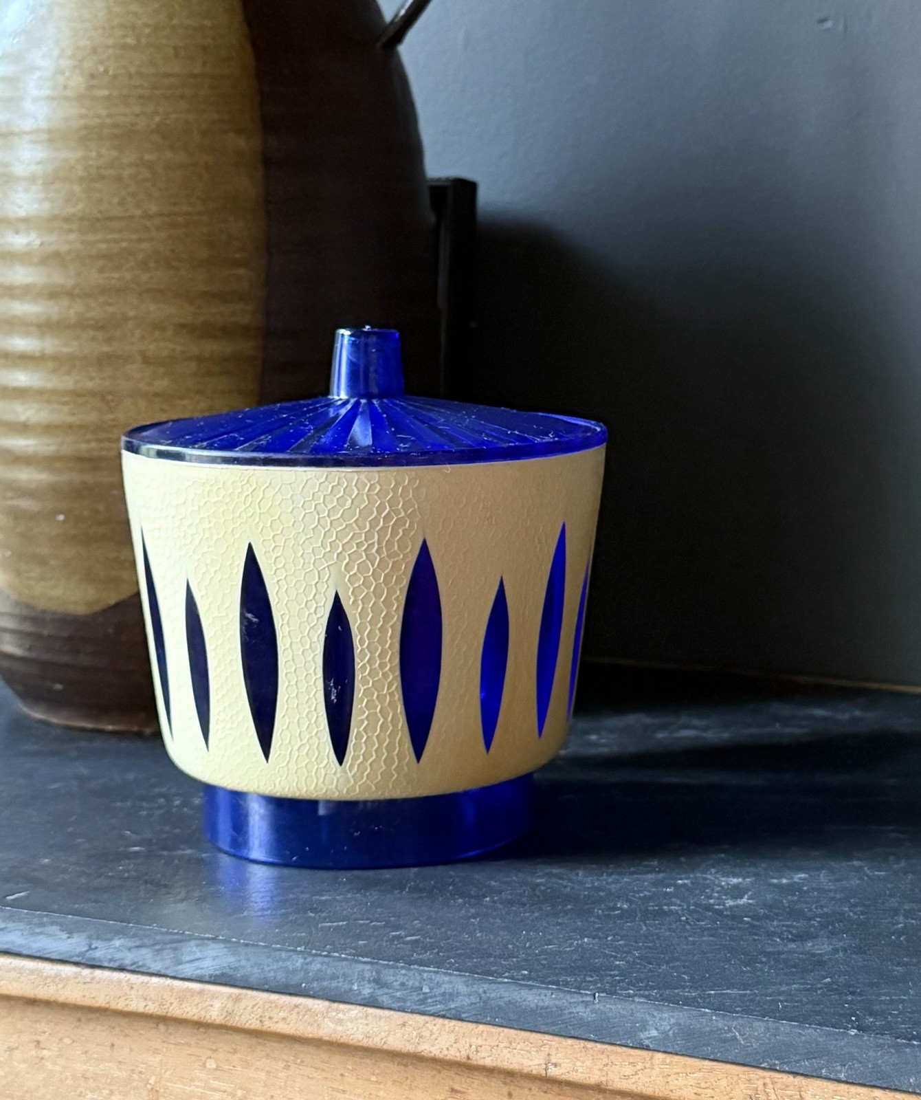 Vintage Crownford Giftware Plastic Canister Jar Blue White Lotus Italy MCM Vintage Crownford Giftware Plastic Canister Jar Blue White Lotus Italy MCM