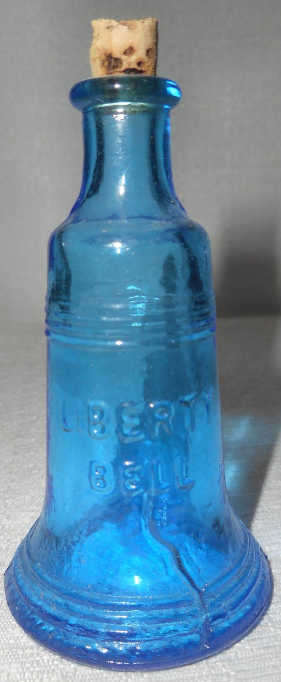 Wheaton NJ Blue Glass Liberty Bell Miniature Bottle Embossed Design 3\