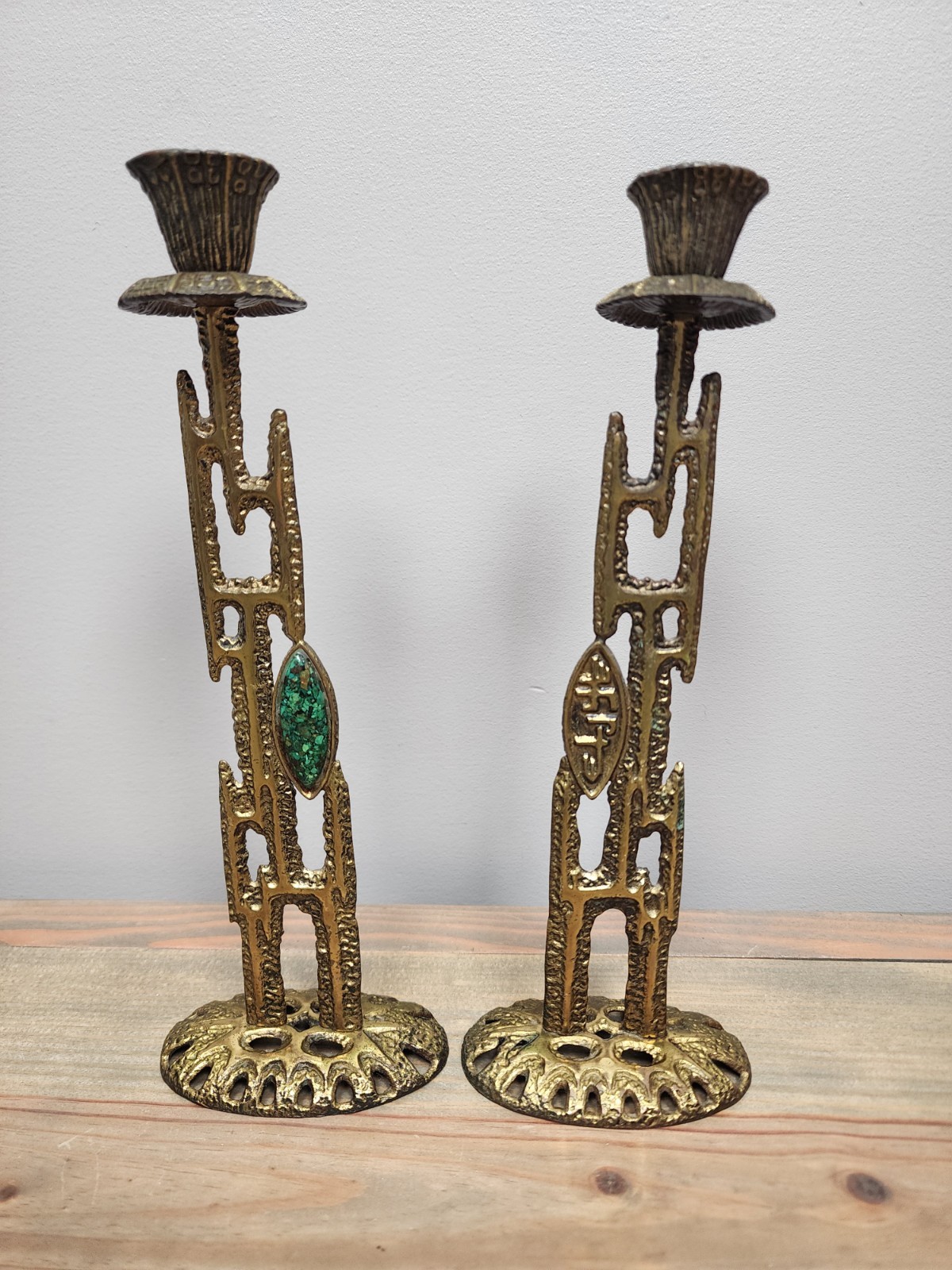 Vintage Abada Brass Israel Candle Holders Modernist Shabbat Judaica Set Of 2