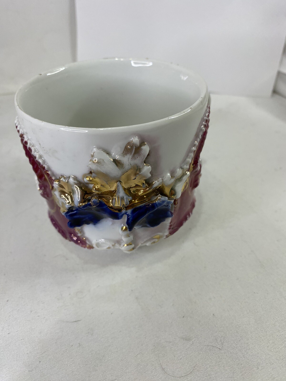 Antique Luster-ware Raised Floral Pattern Coffee Mug Iris Purple Gold Unmarked