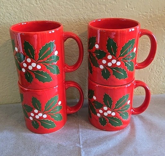 Waechtersbach Germany Red Coffee Tea Mugs Cups Holly Chistmas Germany Set of 4 Waechtersbach Germany Red Coffee Tea Mugs Cups Holly Chistmas Germany Set of 4