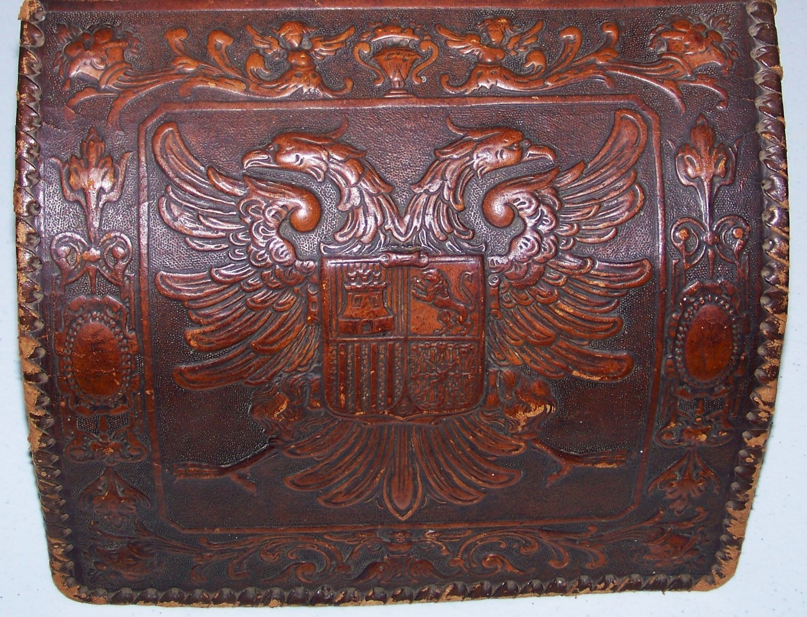Antique Embossed Hand Tooled Leather Letter/Bill Holder w/ Extras