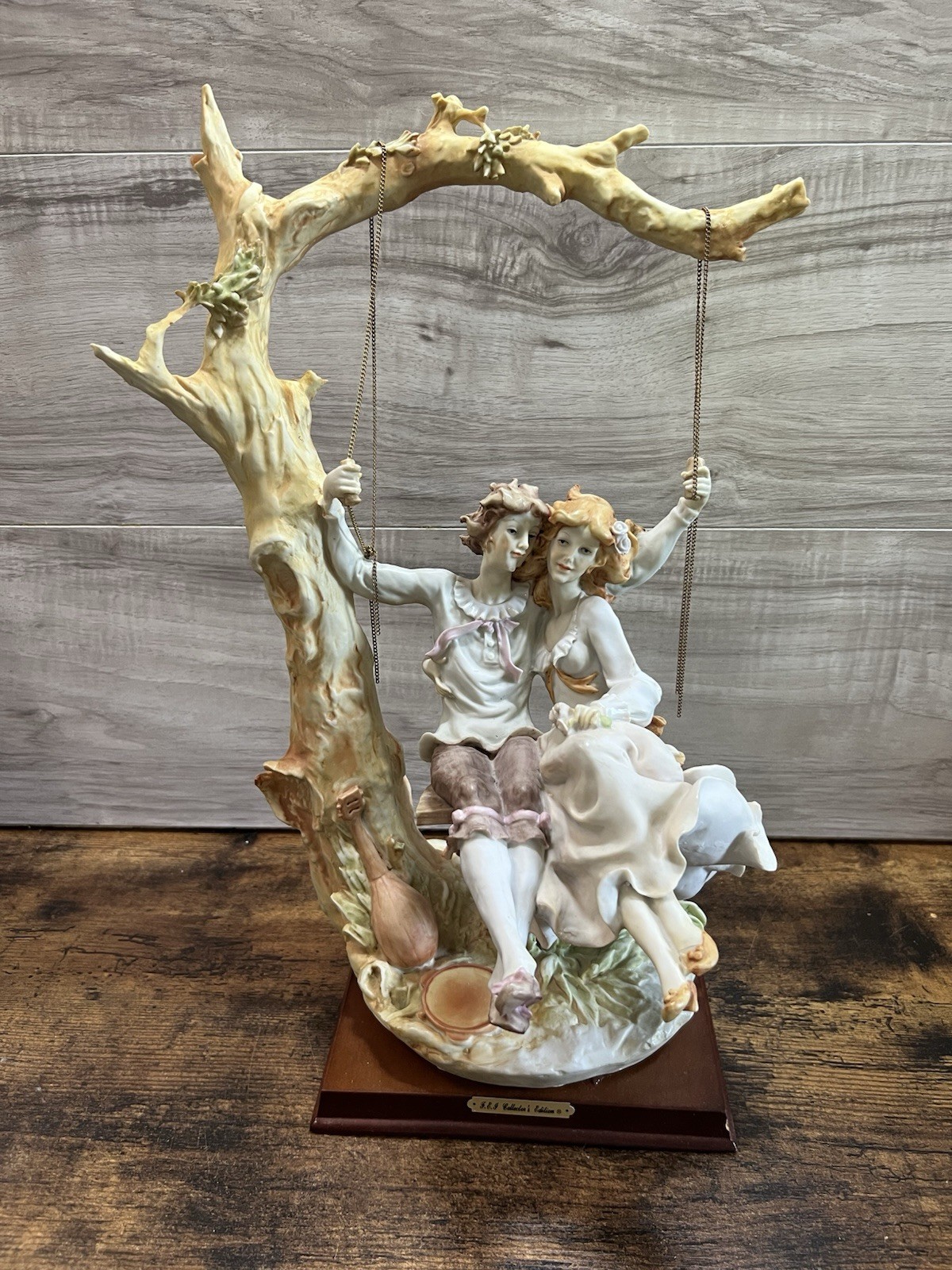 Vintage FEJ Collectors Edition Porcelain Couple on Swing Tree Figurine 16”