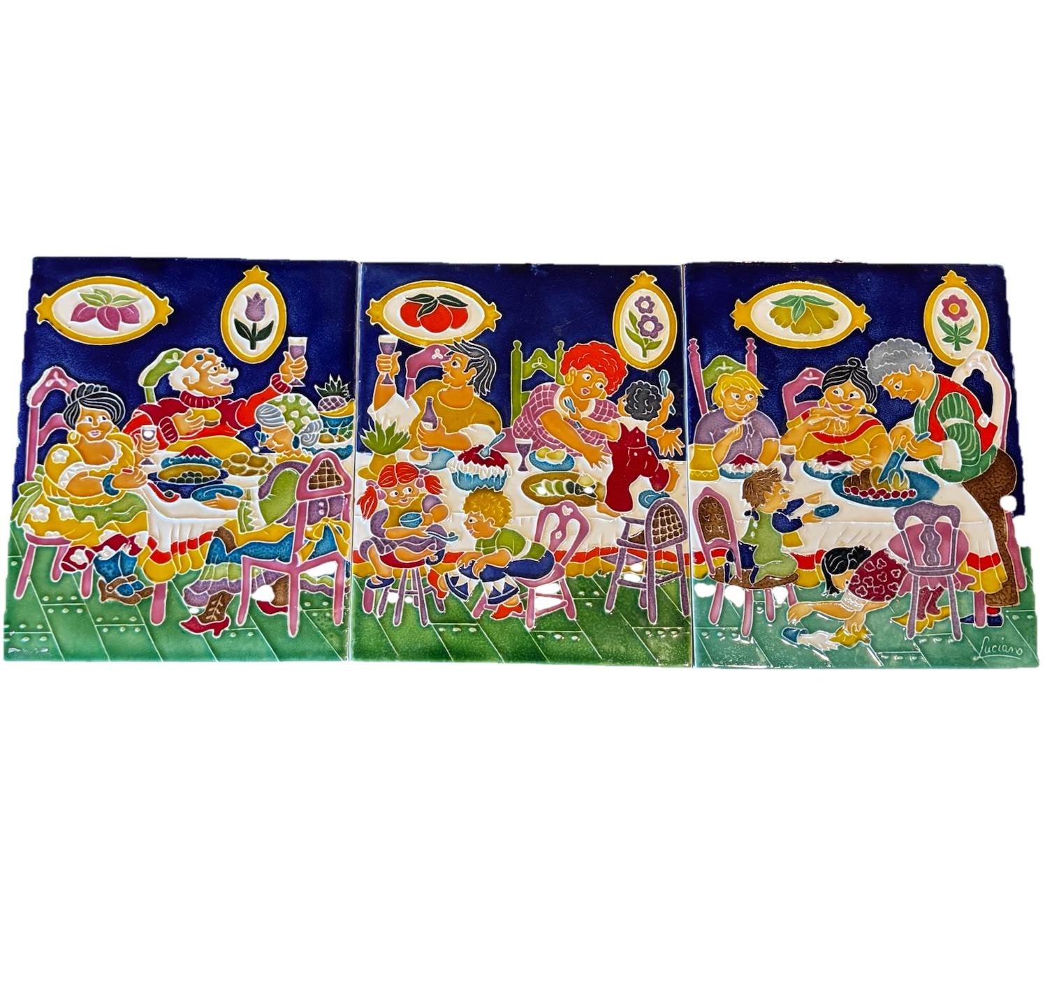 LG Creazioni Luciano Hand Painted  Wall Plaques Family Gathering Italy Set Of 3