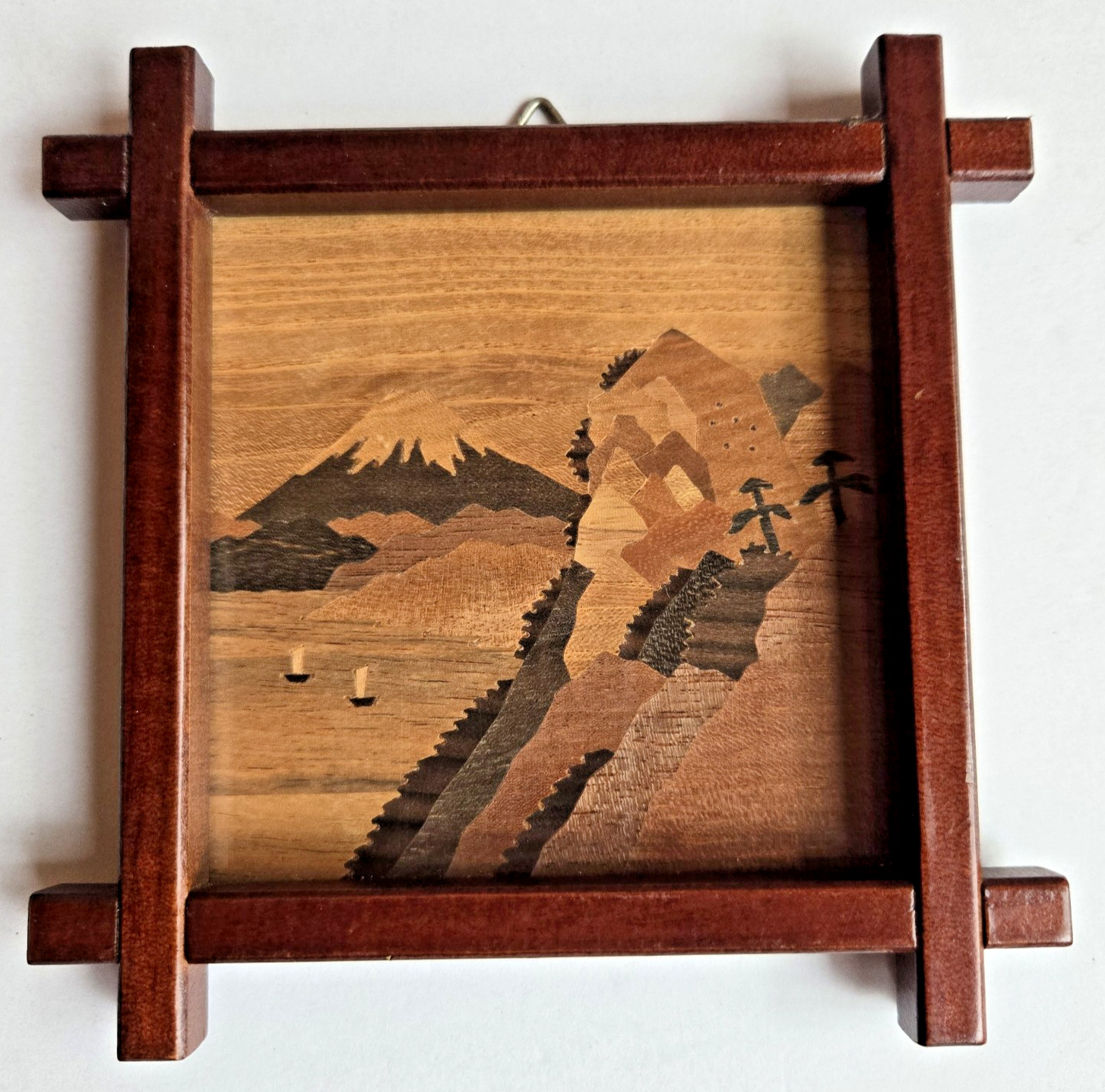 Vintage Japanese Wood Marquetry Inlay Art-Mt Fuji-Lake Ashi Landscape Miniature