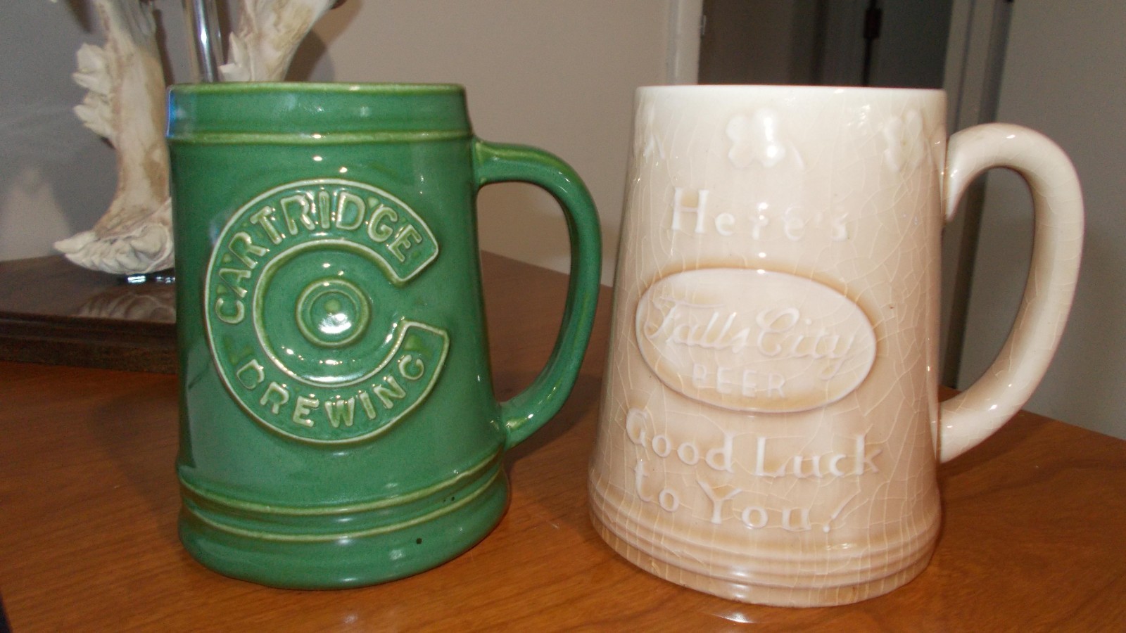 TWO RARE ROOKWOOD POTTERY BEER STEINS  CARTRIDGE FACTORY AND FALLS CITY BEER