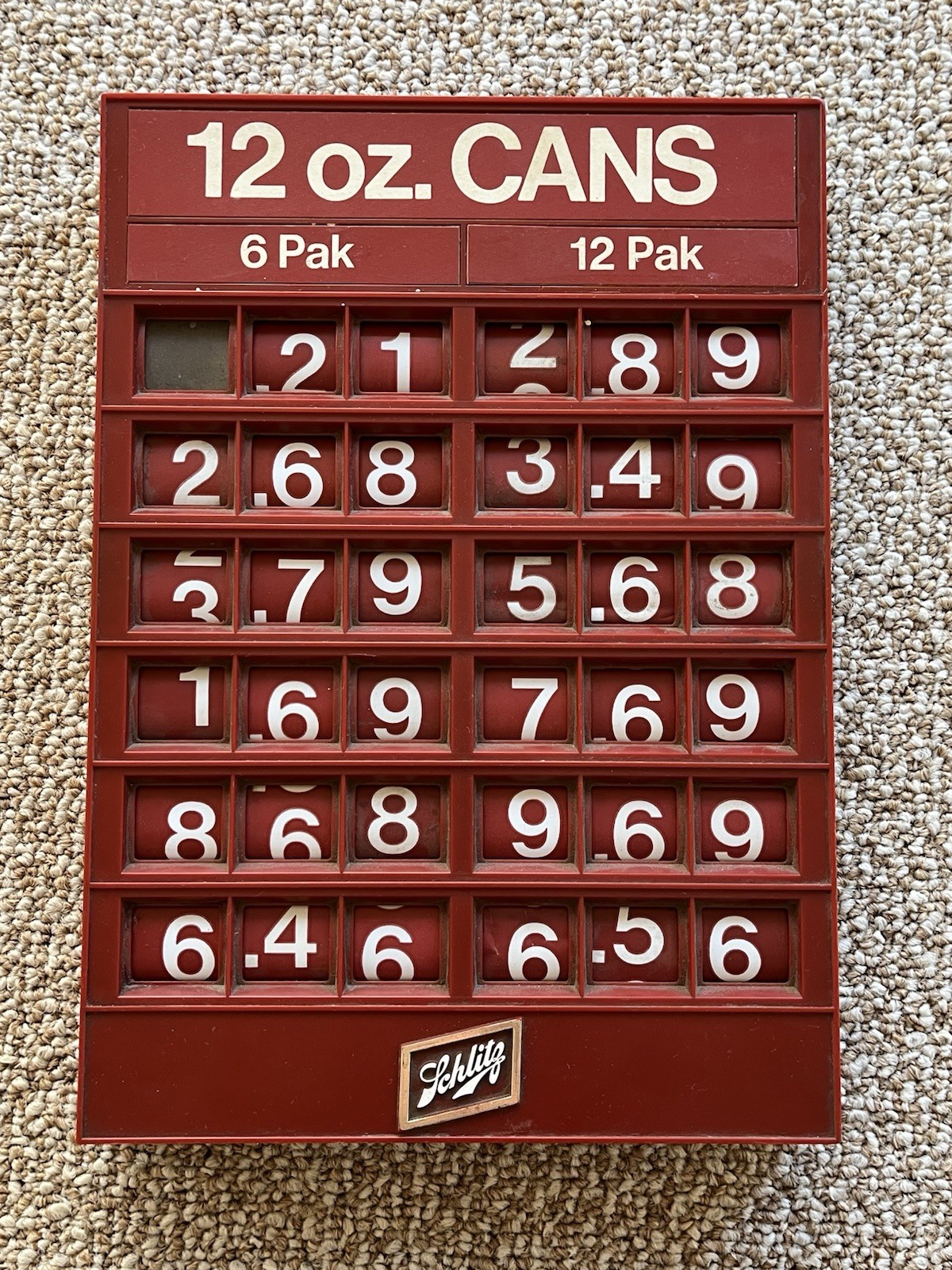 Vintage Part of A Schlitz Beer Price Menu Sign 12 Oz Can 12 & 6 Pack For Parts