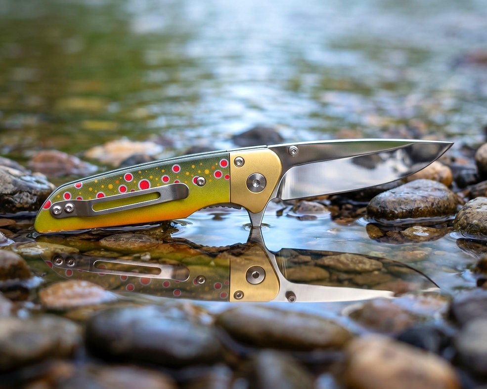Graywolf RiverBorn EDC Folding Knife – D2 Steel, Brass Bolster, Trout Patterns