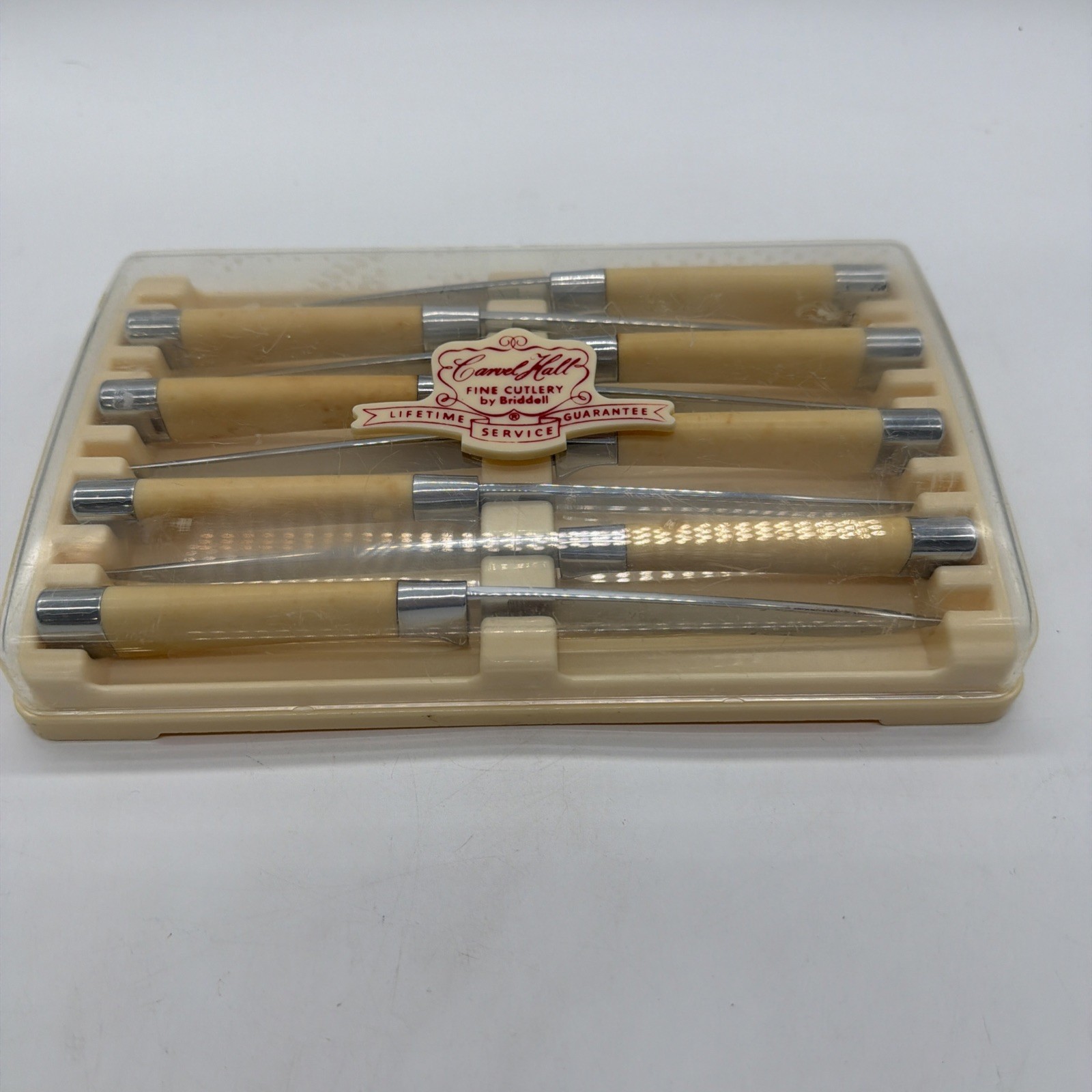Vintage Carvel Hall by Briddell Steak Knives Set of 8 Ivory Lustrex Handles Case Vintage Carvel Hall by Briddell Steak Knives Set of 8 Ivory Lustrex Handles Case