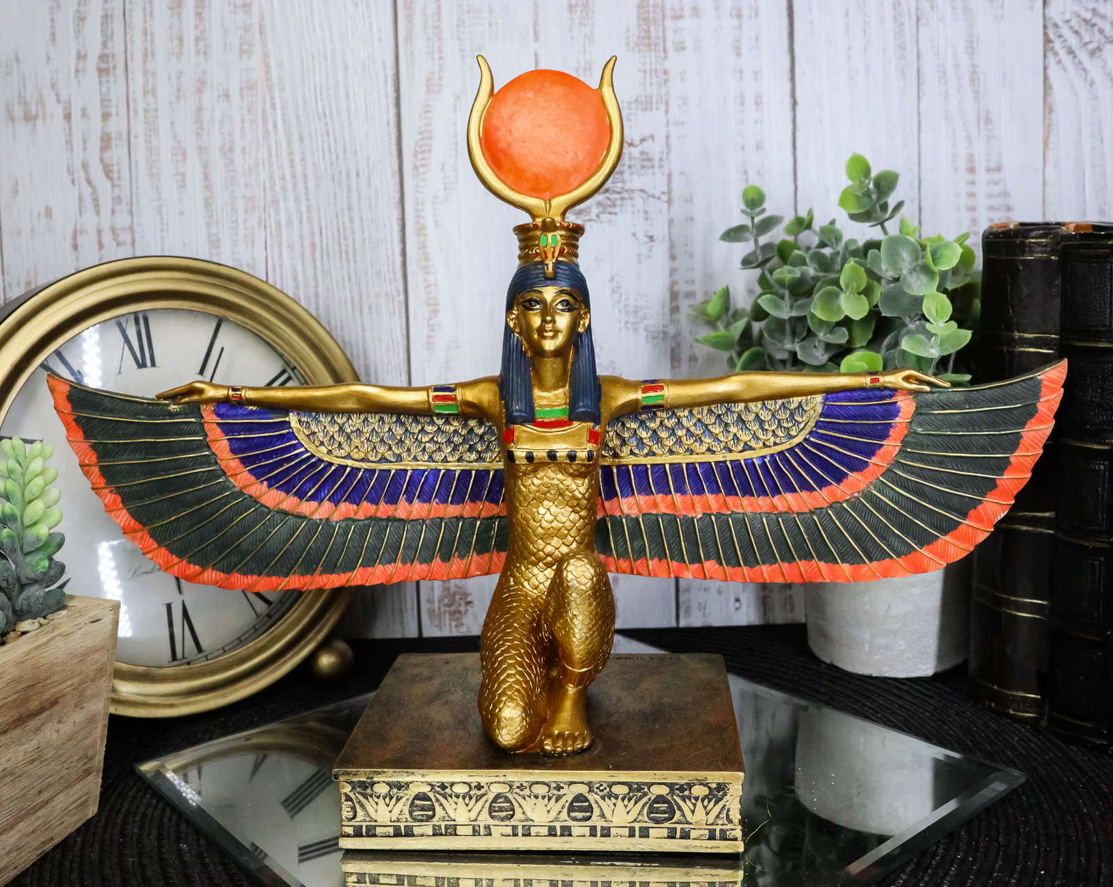 Egyptian Goddess Of Motherhood Kneeling Isis With Open Wings Statue 12.75\