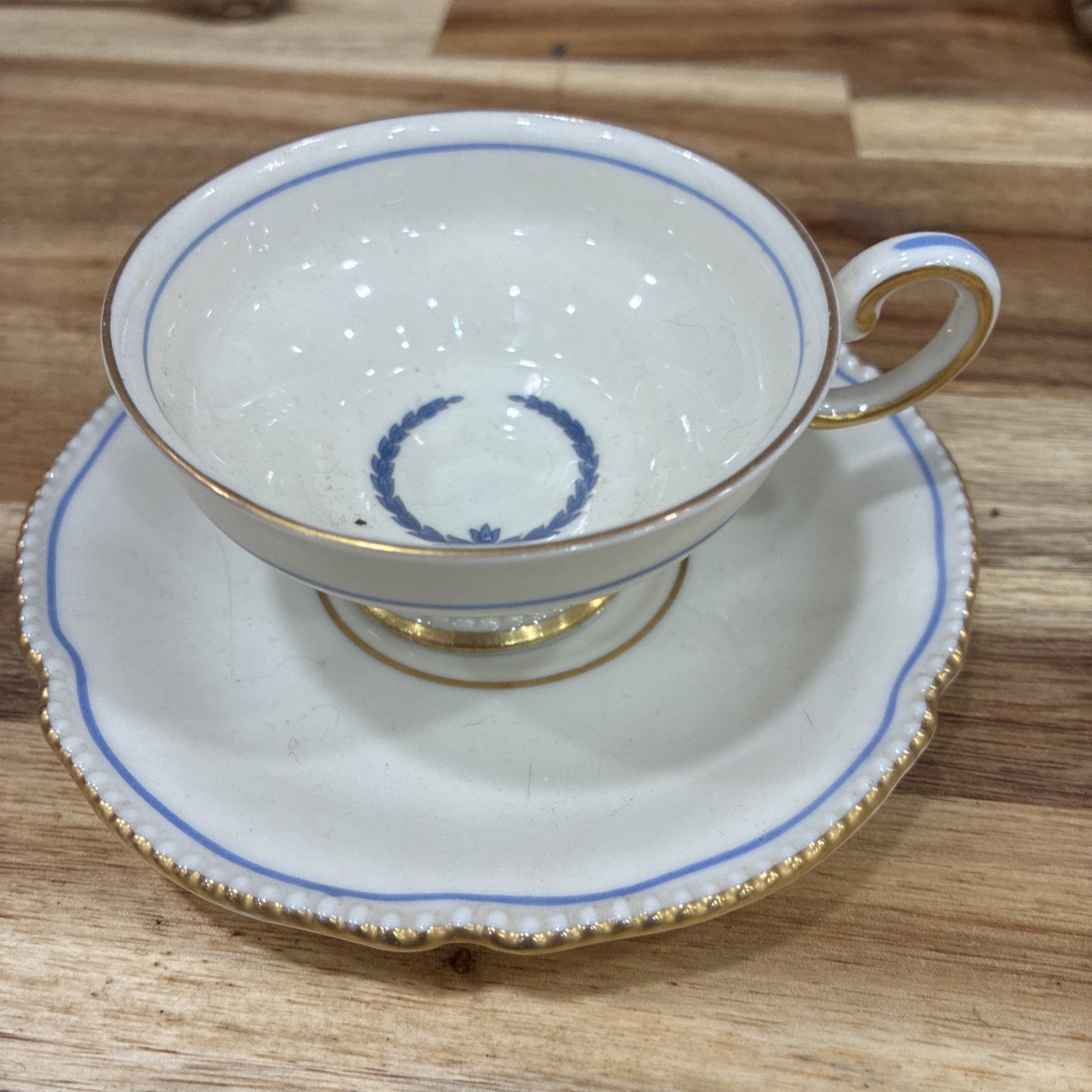 Castleton China Vintage EMPIRE Footed Tea Cup & Saucer Set Blue Wreath Gold Trim