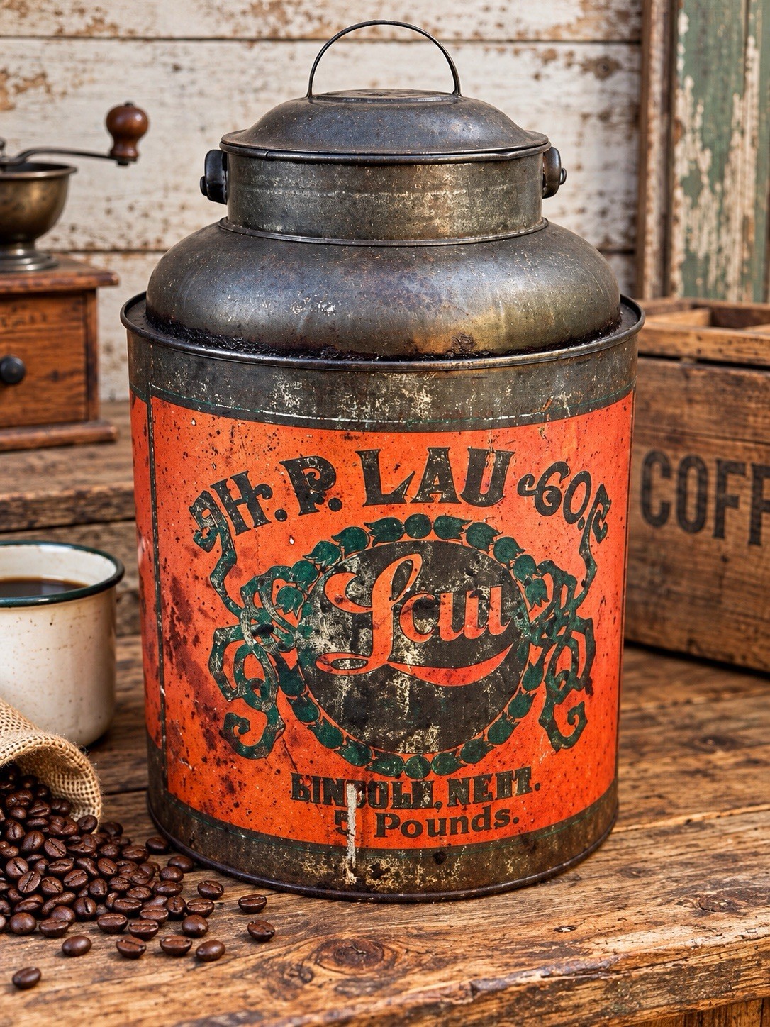 Rare Antique H.P. LAU CO. LINCOLN, NEBRASKA Coffee Tin Can 5 Lbs General Store