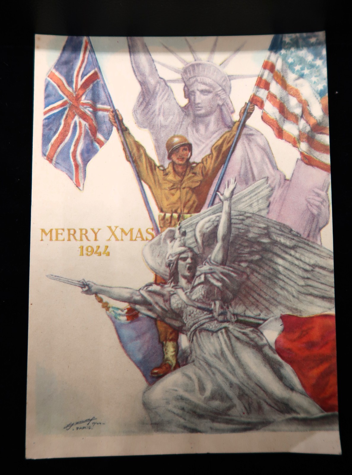 Vtg Patriotic Christmas Card '44 Allied Forces Europe Signed Paris WWII Ephemera