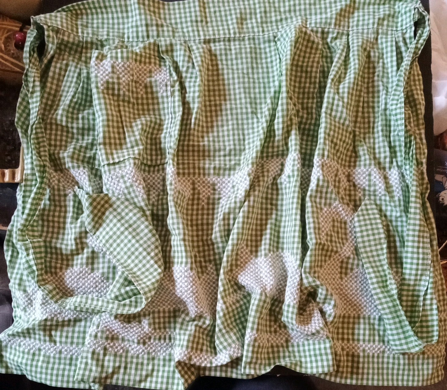 Vintage Mid-century Green Gingham Kitchen Waist Apron Swan Embroidery 20\