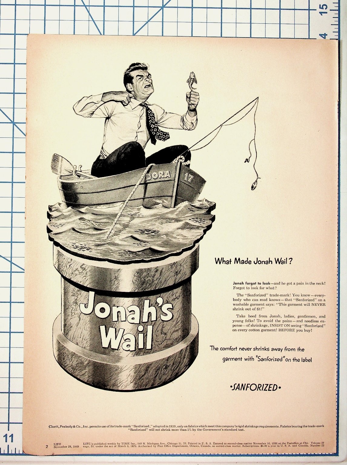 1949 Sanforized Jonah\'s Wail Vintage Magazine Print Ad Cluett Peabody