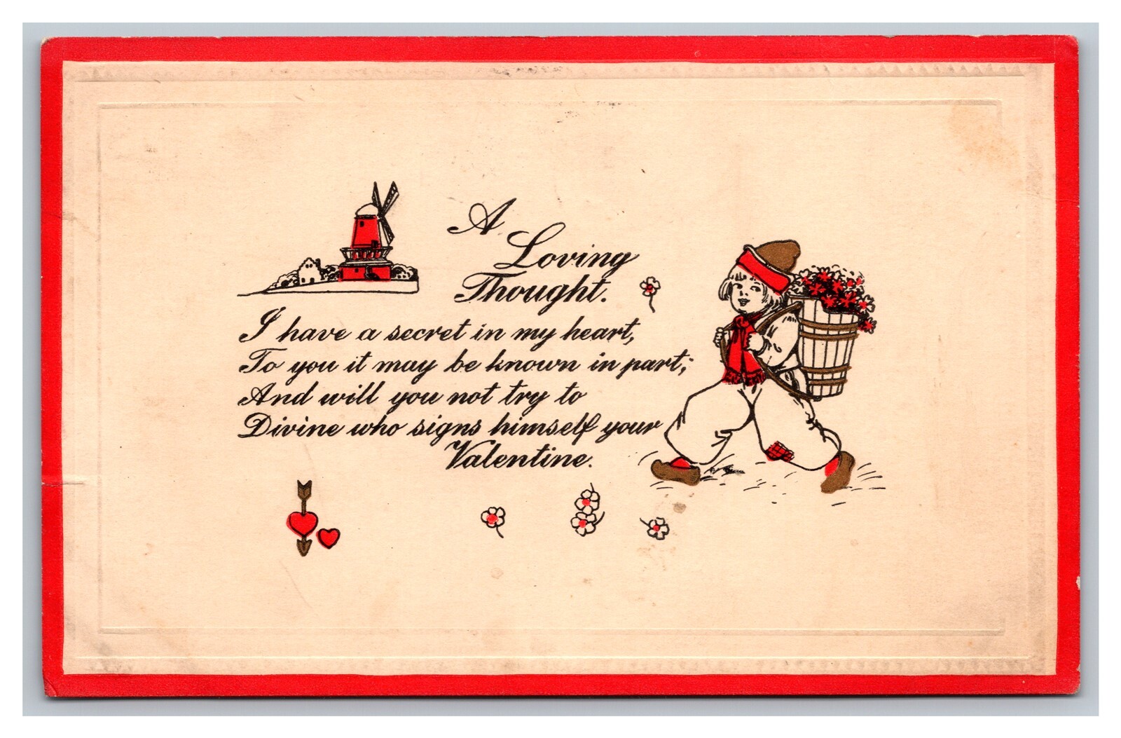 1914 Dutch Boy Embossed Valentines Day Postcard A Loving Thought