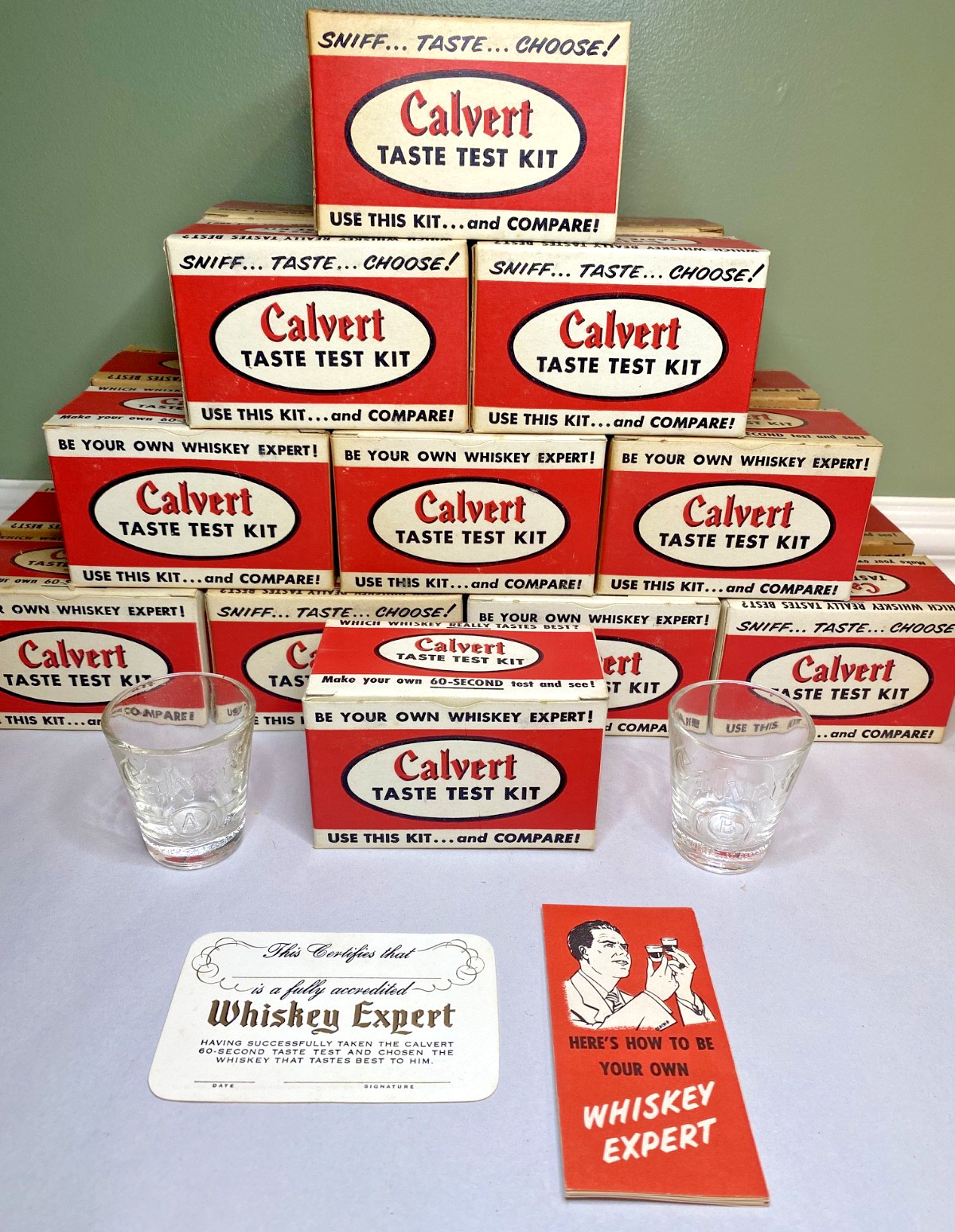 NOS Vintage Calvert Whiskey Taste Test Kit Glass Shot Glasses w/ Instructions