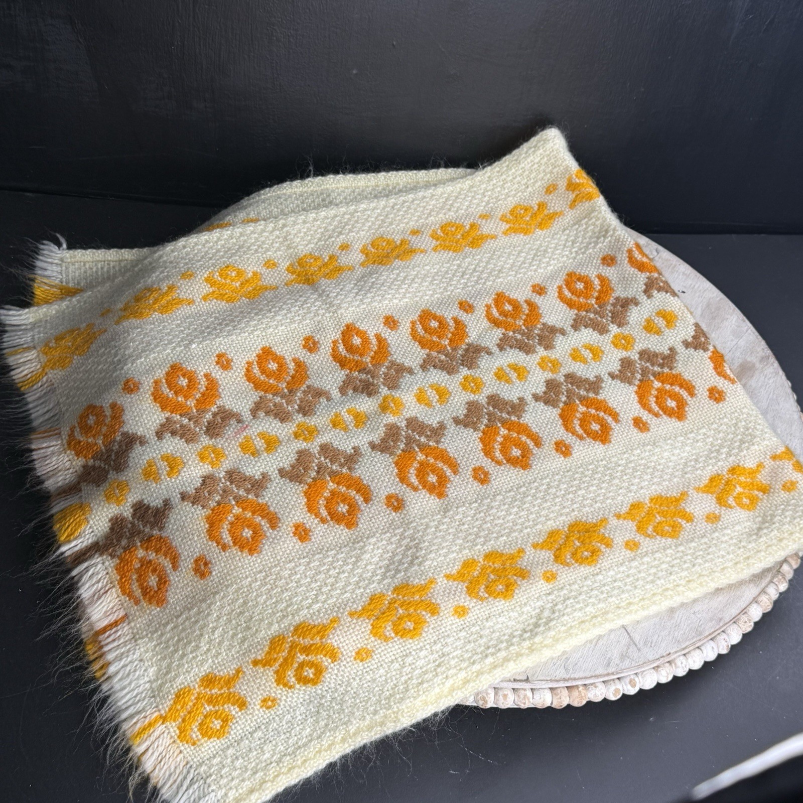Vtg Scandinavian Handwoven Table Runner 32x15 Retro Orange Yellow Floral Fringe