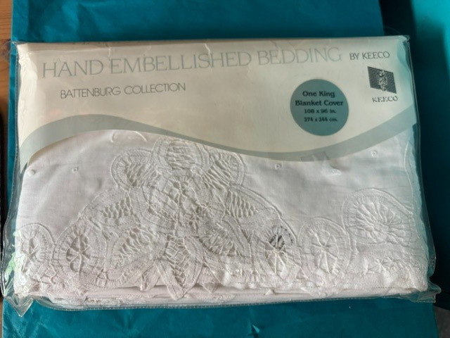 NEW VTG BATTENBURG COLLECTION KEECO HAND EMBELLISHED KING BLANKET COVER 108X96