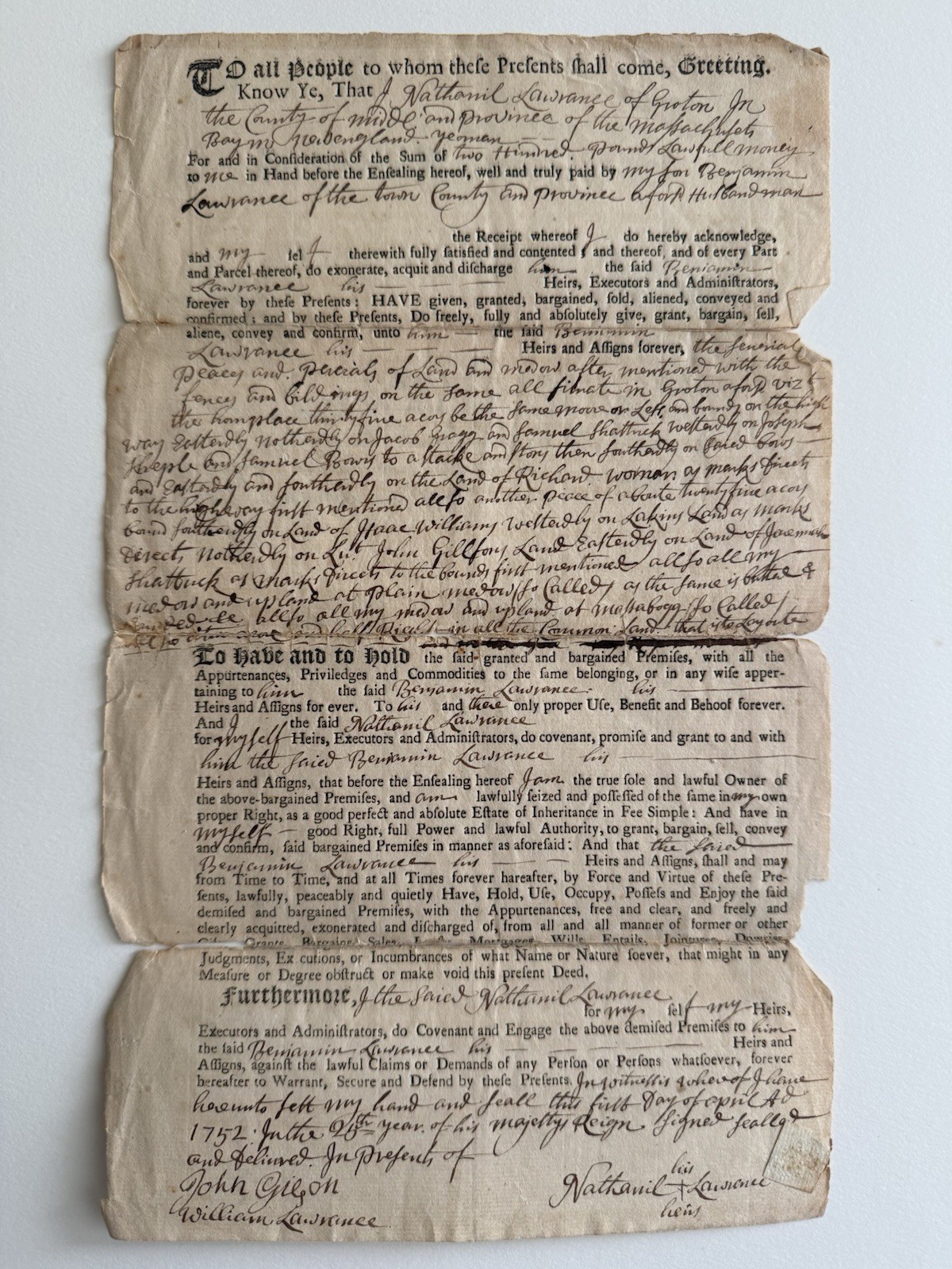 1752 Colonial Massachusetts Land Deed