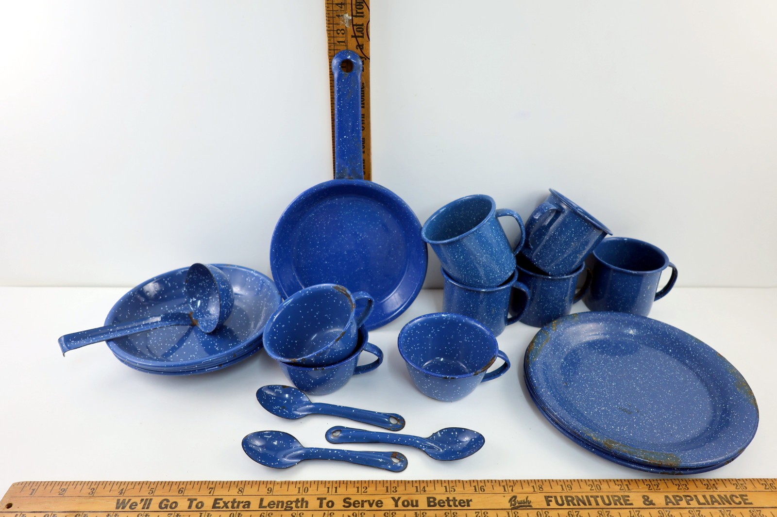 Vtg Blue White Granite Speckled Enamelware Lot of Camping- Bowls,Spoons,Plates++