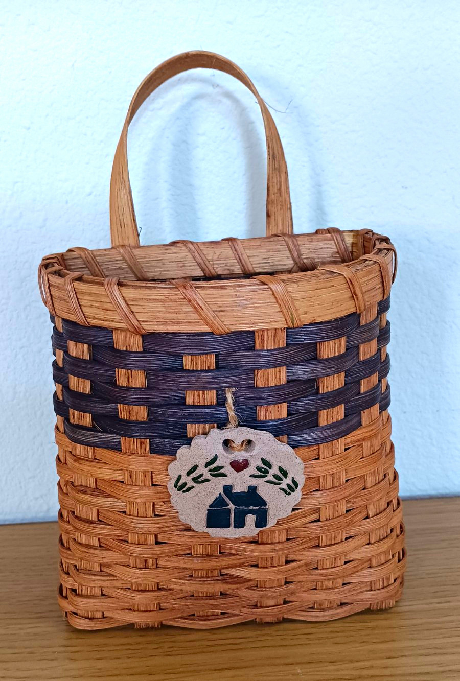 Vintage Small Woven Hanging Basket With Handle With Ceramic Detail Cottagecore Vintage Small Woven Hanging Basket With Handle With Ceramic Detail Cottagecore