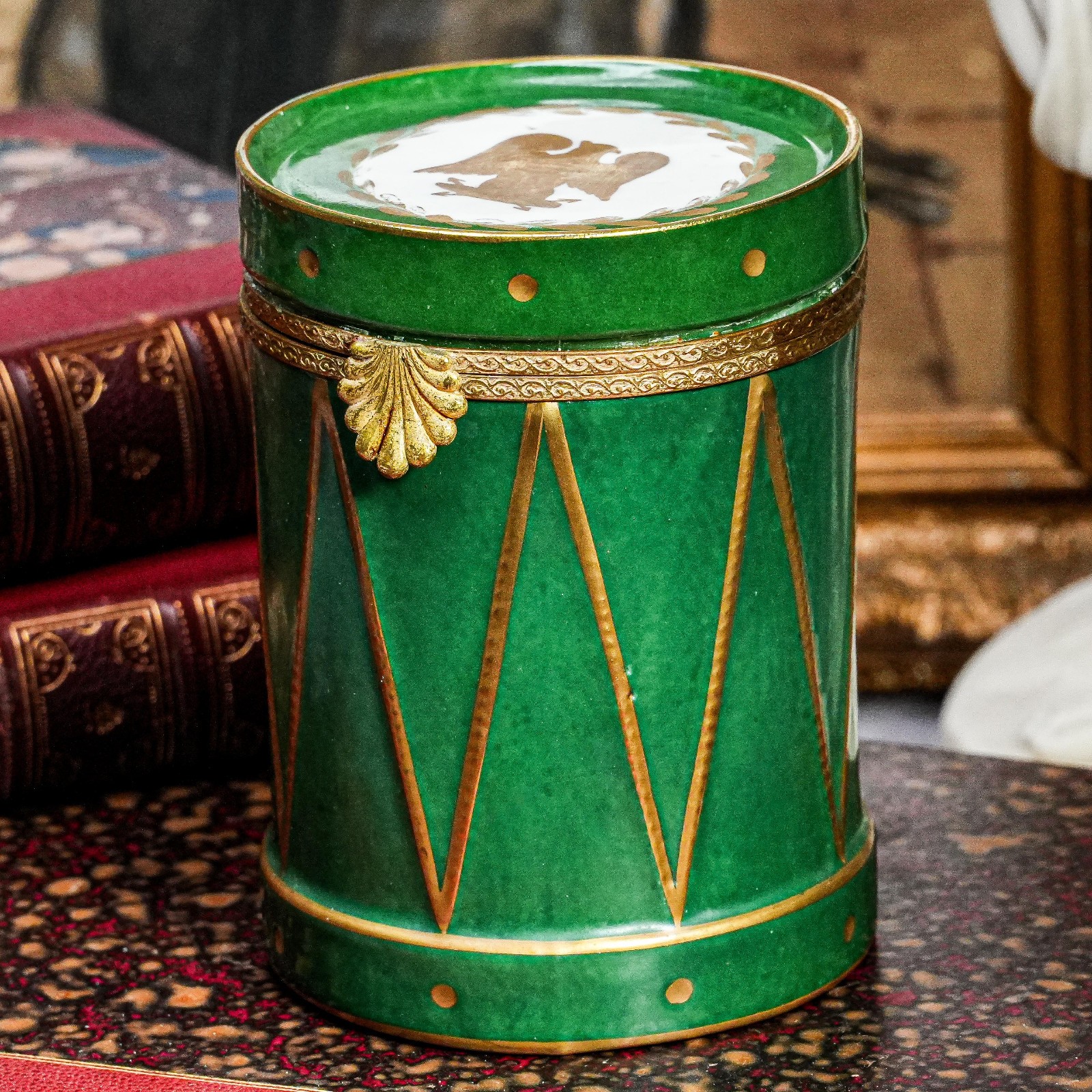Elegant Hand Painted Vintage Limoges Green & Gold Drum Eagle Table Trinket Box