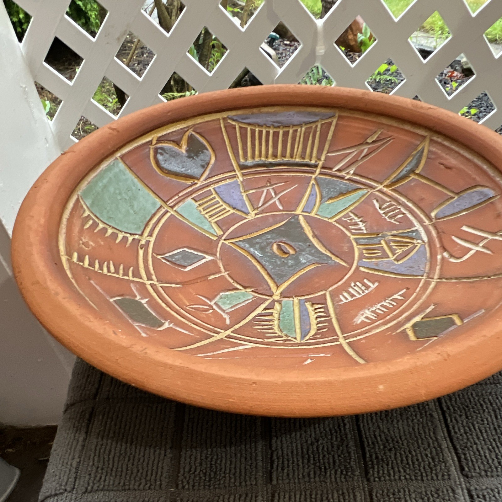 Vintage Handmade Ghana Terracotta Decorative Bowl Pottery Geometric Abstract 10”