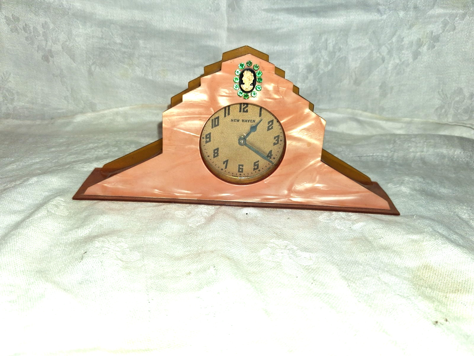 1930\'s Art Deco Celluloid W/Green Rhinestones Vanity Clock Windup, not working.