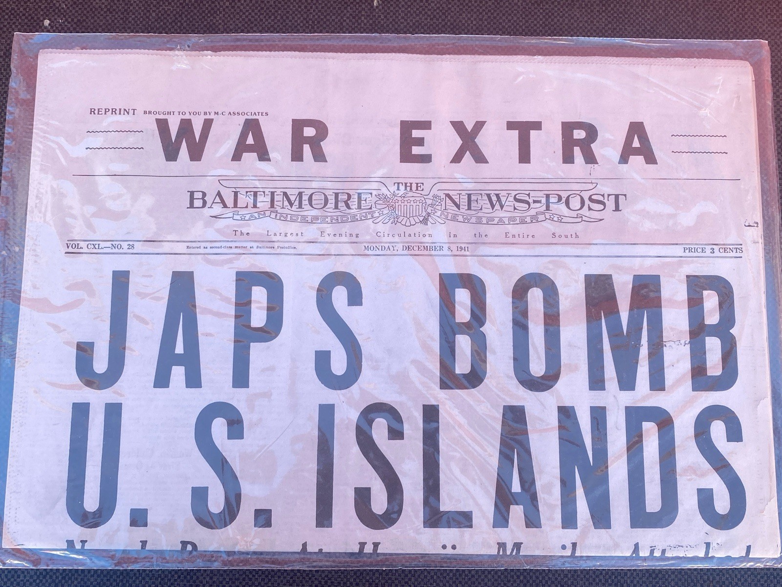 Newspaper Reprint “The Baltimore News Post” Dec 8, 1941 Japs Bomb U.S. Islands Newspaper Reprint “The Baltimore News Post” Dec 8, 1941 Japs Bomb U.S. Islands