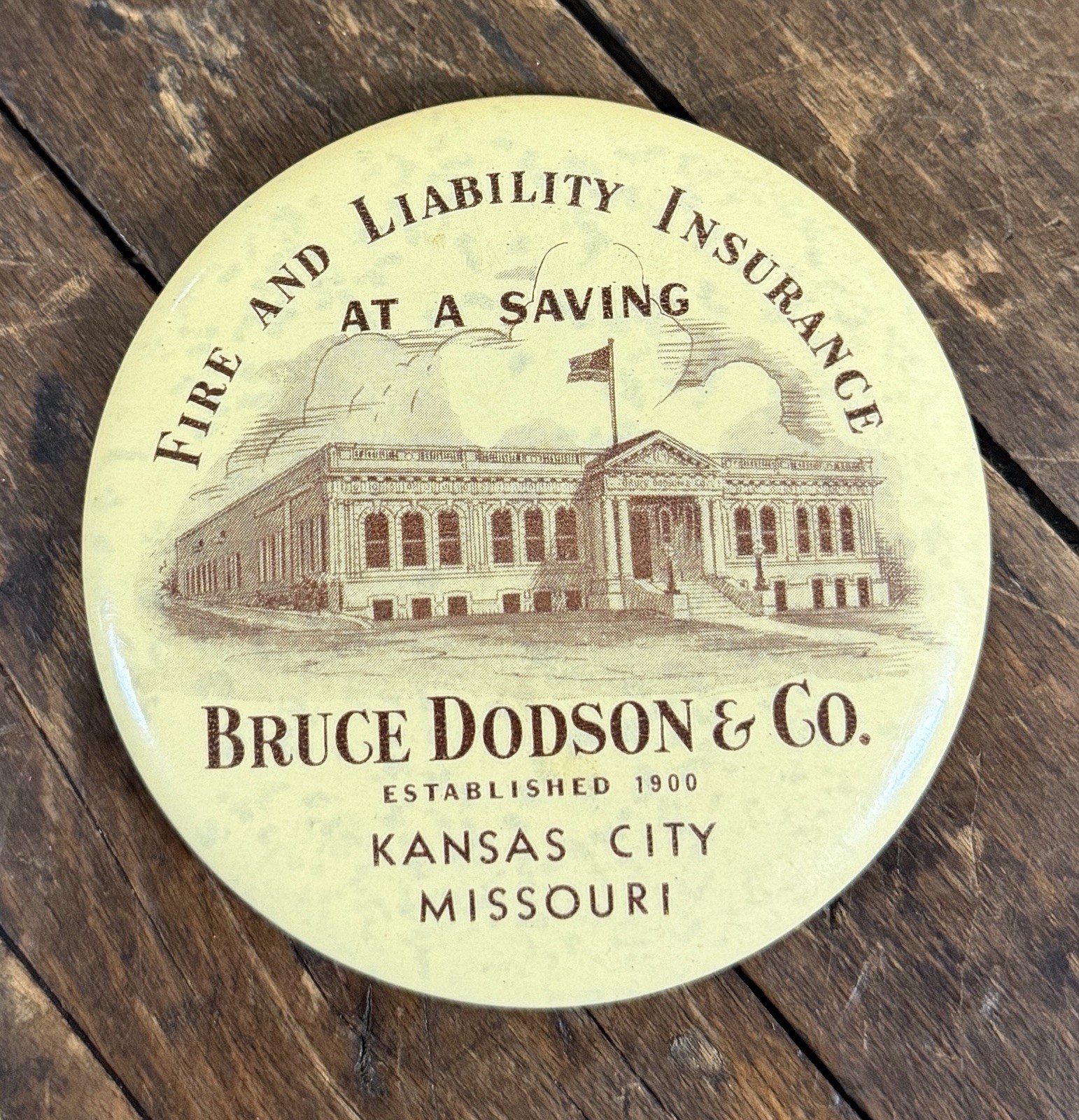 VINTAGE C. 1910 DODSON FIRE INSURANCE PAPERWEIGHT POCKET MIRROR SIGN KANSAS CITY