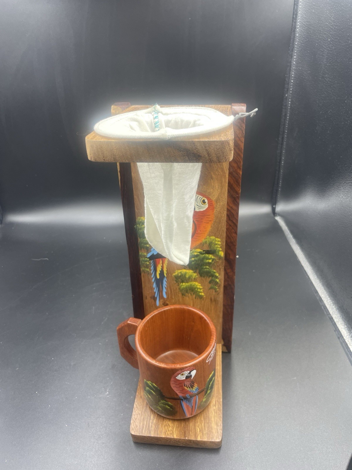 Vintage Costa Rica Wooden Coffee Drip Chorreador w/ Cup Souvenir Set