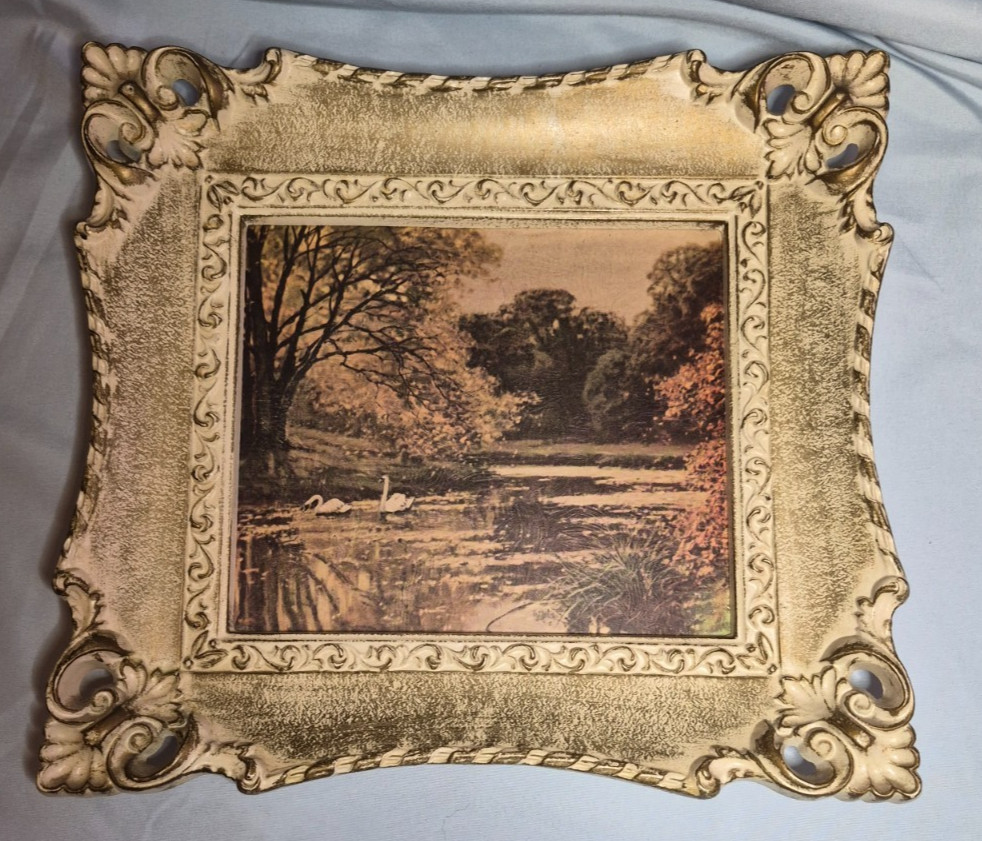 Vintage Turner Mfg. Wall Plaque Landscape Swans Print Made in USA  9.5x10.5