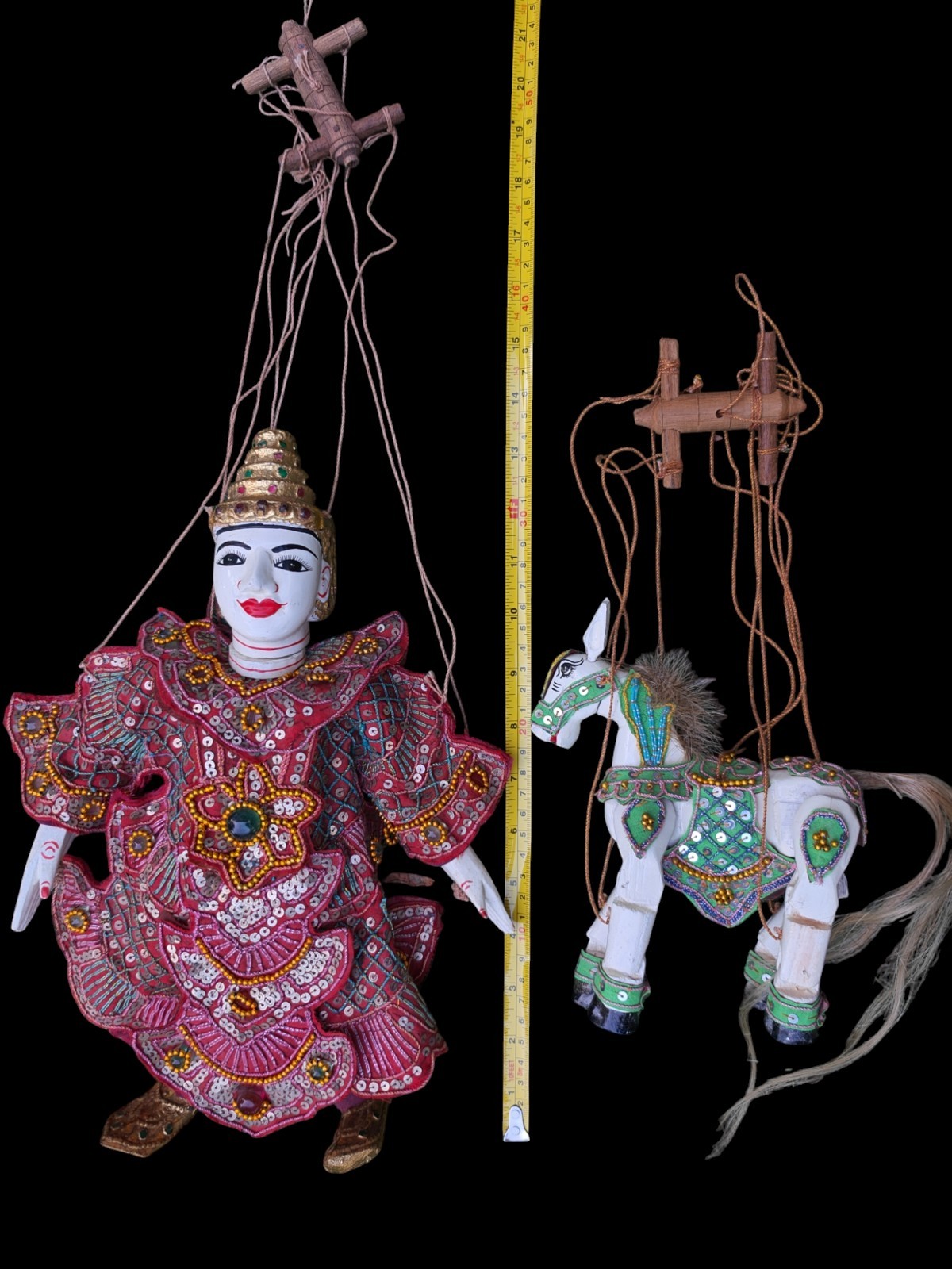 Vintage Burmese Marionette Puppets Lot Pair Prince & White Horse Sequin Beaded 1