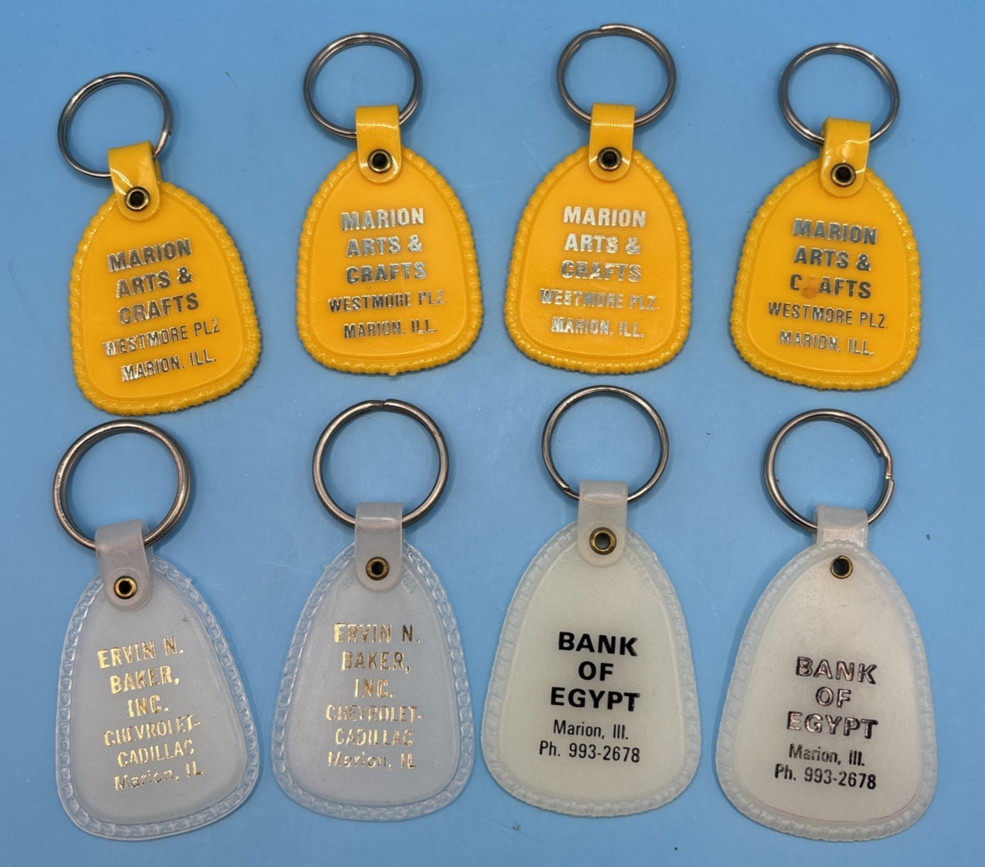VTG Lot of Eight (8) Marion (IL) Keychains- Marion Arts & Crafts- Ervin N. Baker